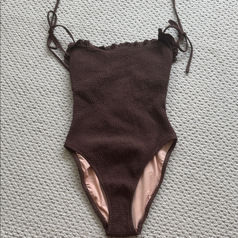 J Crew Smocked Tie-shoulder Brown One-Piece Swimsuit Size 2